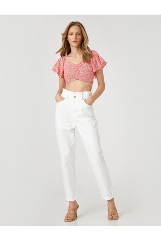Koton Çiçekli Crop Bluz Büzgü Detaylı Kolları Volanlı Turuncu Desenli 2sak60266pw 2SAK60266PW19E