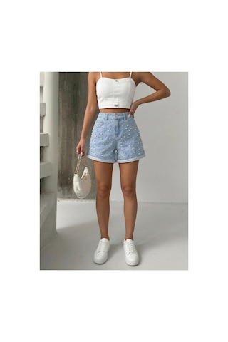Bluemarlin İncili Buz Kar Kısa/mini Yırtmaçlı Kot Denim Şort Buz Kar