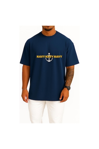 Bahriyeli Collection Oversize Chest Trio Navy Anchor Göğüs Ve Sırt Baskılı Unisex T-shirt Lacivert