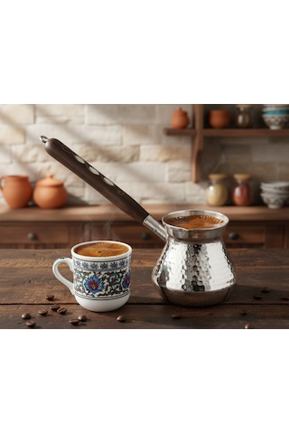 İşlemeli Ahşap Saplı 450ml El Yapımı Dekoratif Kalın Bakır Cezve 10cmx10,5m