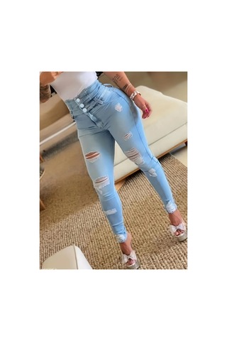 Butik İstanbul Kadın Yüksek Belli Önden Düğmeli Yırtık Detaylı Kot Pantolon Mavi