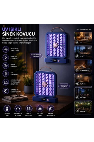 Usb Şarjlı - Elektrik Çarpmalı - Dijital Ekran Asma Aparat - Sessiz Çalışma Uv Işıklı Sinek Kovucu Hs-371 Bx40