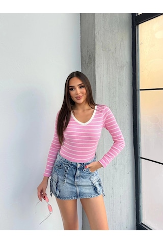 V Yaka Çizgili Bluz Pembe A3699 Pembe