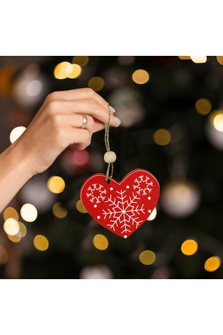 Yılbaşı Ahşap Çam Ağacı Süsü Kalp Model Kırmızı 3 Lü