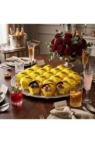 Premium Altın Sarı Simli Yaldızı Cupcake - Hediye, Şeker Ve Kurabiye Sunum İkram Kutusu Sarı - 20'li Paket