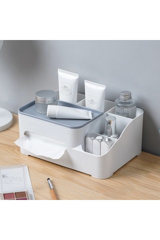Dofolink Büyük Kapasiteli Gri-beyaz Dikdörtgen Masaüstü Organizer - 5 Bölmeli Mendil Ve Küçük Eşya Saklama Kutusu Beyaz