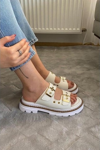 Asmi Shoes Kadın Çift Bant Kapsül Detaylı Kalın Taban Ortopedik Terlik Beyaz Beyaz