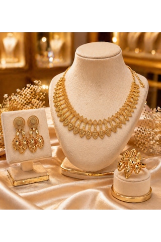 Sorélia Altın Kaplama Kolye Yüzük Küpe 3'lü Luxury Takı Seti Abiye
