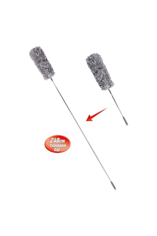 Teleskopik Saplı Toz Alma Mopu 240 Cm, Uzatılır Duvar Tavan Yer Temizleyici Mikrofiber Tozucu F277 Gri