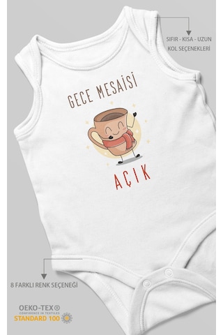 Gece Mesaisi Açık Baskılı Bebek Zıbını Çıtçıtlı Body %100 Pamuk Sıfır Kol Beyaz