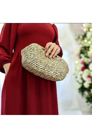 Parlak Tutmalı El Çantaları , El Yapımı Işıltılı Clutch, Örgü El Çantası Altın