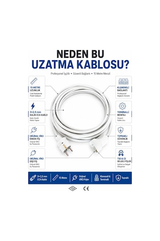 Viko Seyyar Uzatma Kablosu 15 Metre 3x2.5 Mm Cca Kablo Viko Erkek Dişi Fiş Klemensli Terminalli Topraklı Tse Ce Belgeli 15 M