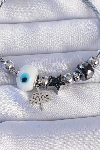 316l Çelik Bileklik Silver Siyah Zirkon Taşlı Yıldız Nazarlı Charm Gümüş