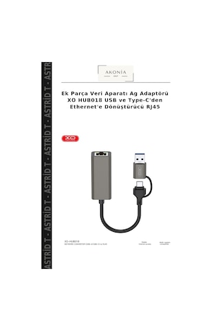 Ek Parça Veri Aparatı Ag Adaptörü Xo Hub018 Usb Ve Type-c'den Ethernet'e Dönüştürücü Rj45