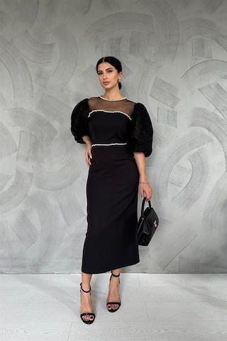 Elbee Fashion Woman Kolları Dantelli İnci Detaylı Elbise - Siyah-beyaz-7430 Siyah