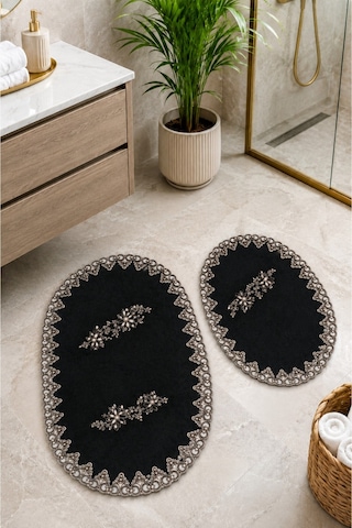 Siyah 2li Fransız Dantelli Lüks Banyo Paspası Kaymaz Çeyizlik Oval Banyo Paspas Seti Lauris