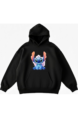 Maki Home Makiteks Siyah Pamuklu Unisex Cepli Kapüşonlu Rahat Kesim Sevimli Canavar Baskılı Sweatshirt SiYAH