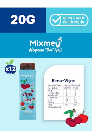 Mixmey Vişne Meyve Barı 12 Adet | Atıştırmalıklar – Vegan, Glutensiz, Koruyucusuz (20GR X 12 ADET)