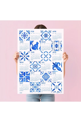 2027 Azulejo Duvar Takvimi Portekiz Mavi Karo Sanatı Suluboya Akdeniz Desenleri