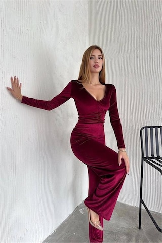 Kadın V-yaka Büzgü Detaylı Kadife Tulum Dpnbk2197 Mor