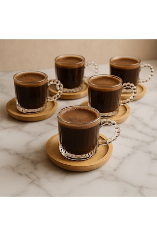 6 Kişilik 12 Parça Cam Bambu Tabaklı Kahve Fincan Takımı Seti 130ml Şeffaf