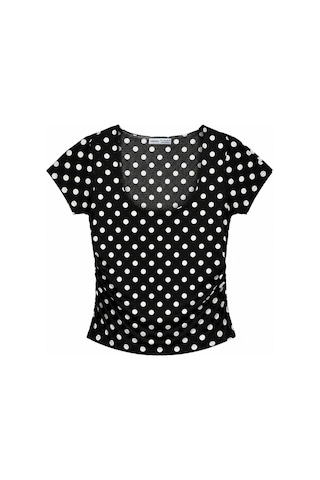 Vadon 1004 Kadın Pamuklu Kare Yaka Puantiyeli Yan Büzgü Detaylı Crop T-shirt Bluz Siyah