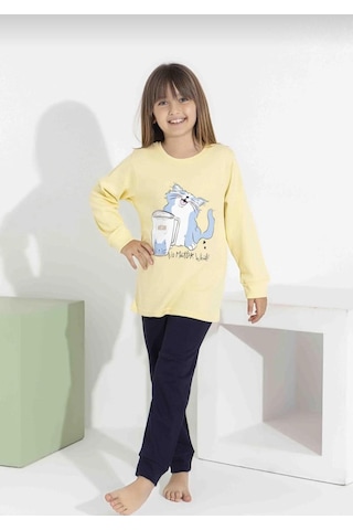 Kız Çocuk Kedi Baskılı Uzun Kollu Pijama Takımı Rahat Ev Giyimi-8411- Sarı