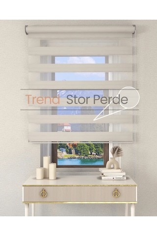 Geniş Plise Beyaz Etek Dilimsiz Zebra Stor Güneşlik Perde Ekru