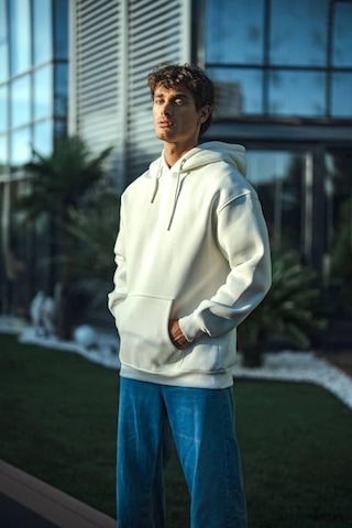 Vexor Üç İplik Penye Kapşonlu Basic Sweatshirt - Beyaz