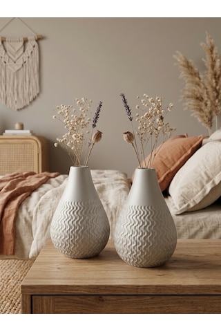 Kaveld Vela 2'li El Yapımı Mermer Tozu Vazo, Armut Form Minimalist Kuru Çiçek Vazоsu Kul