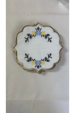 Nivemeshome Kanaviçe Nakışlı Sarı-mavi Oval 6 Adet Keten Kokteyl Peçetesi Kahve Yanı Sunumluk Çok Renkli