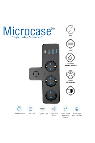 Microcase Termal Akım Korumalı 3 Lü Priz 3 Usb 1 Type C Girişli Uzatma Kablosu Ftr-12 Al4845
