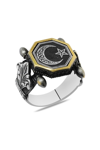 Otantik Tasarım Siyah Zirkon Taşlı Ayyıldız İşlemeli 925 Ayar Gümüş Erkek Yüzük