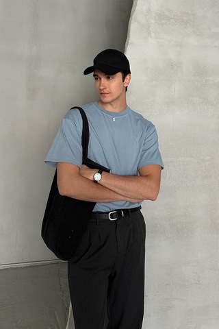 Hyman Erkek %100 Pamuk Oversize Basic T-shirt Açık Mavi