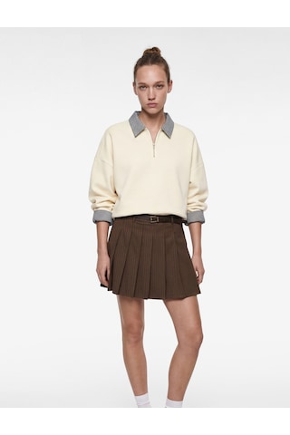 Koton Rahat Kalıp Uzun Kollu Kareli Yaka Detaylı Yarım Fermuarlı Sweatshirt Taş 6sal10557ık