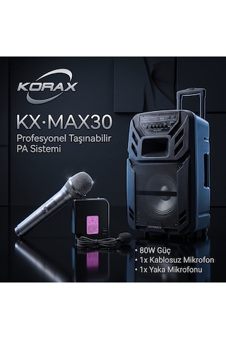 Korax Kx-max30 Plus Taşınabilir Bluetooth Hoparlör - 80w Telsiz El + Kablosuz Yaka Mikrofonlu Karaoke & Pa Sistemi, Tekerlekli