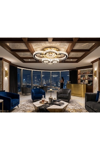 6 Halkalı Modern Kristal Led Plafonyer Avize Altın - Gold