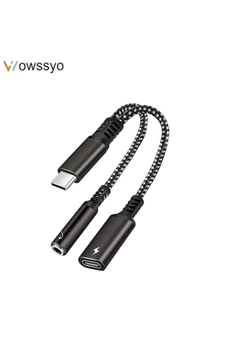 Wowssyo 2'si 1 Arada Type-c To 3.5mm+60w Hızlı Şarj Ve Kulaklık Çevirici Ce Lisanslı Hasır Örgülü Sağlam Beyaz - Siyah