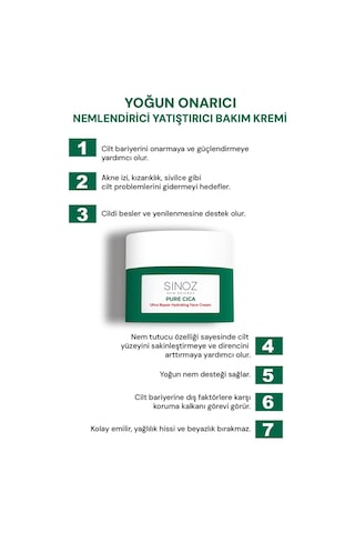 Sinoz Pure Cica Tahriş Olmuş Hasarlı Ciltlere Özel Bakım Kremi 50 ML