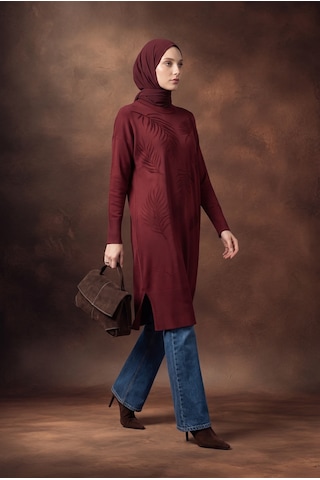 Armine Trend Yaprak Desenli Bisiklet Yaka Uzun Kollu Fitilli Detaylı Tunik Bordo 26ktd408