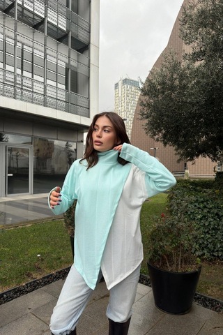 WeShaya Kadın Mint Asimetrik Kesim, Önü İki Parçalı, İnce Triko Kumaş, Salaş Bluz Kazak Mint