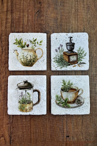 Doğal Taş Bardak Altlığı -kahve & Çay Temalı 10x10cm Stone Coasters Çok Renkli