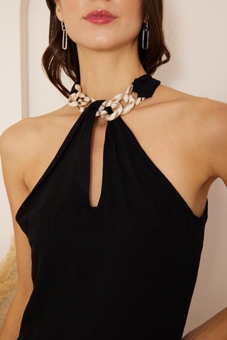 Darlin Moda Yakası Zincir Detaylı Yırtmaçlı Kolsuz Elbise Dm1026
