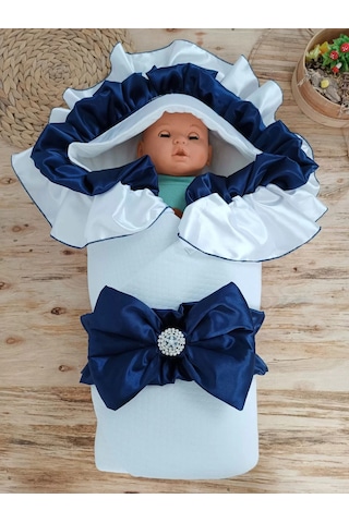 Yenidoğan Mehtap Lüks Kelebek Taç Nakışlı Bebek Battaniyesi Kundak Lacivert Çok Renkli