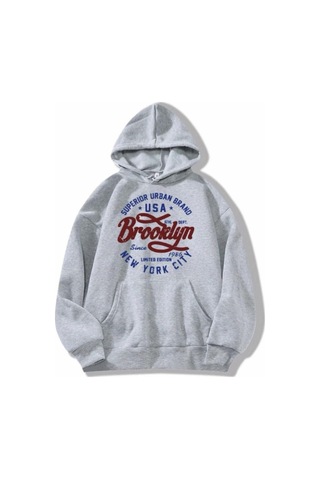 Unisex Oversize Brooklyn Baskılı Kapüşonlu Gri Sweatshirt. Gri
