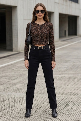 Kadın Leopar Desenli Crop Bluz Düğmeli Uzun Kollu Fit Yumuşak Dokulu Bluz - Kadın Bluz Leopar