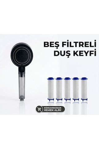 5 Fonksiyonlu Arıtmalı Duş Başlığı Seti - 5 Adet Yedek Filtre Kartuşlu Kireç Ve Tortu Önleyici Spa Duş Seti Füme - Siyah