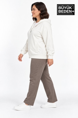 Süperlife Kadın Büyük Beden Fermuarlı Kapüşonlu Cepli Sweatshirt Hırka Rahat Kalıp Spr26bhrk961 Ekru
