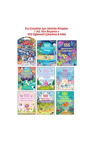 1 Ad. Dev Boyama + Kız Çocuklar İçin 555 Eğlenceli Çıkartma Seti 8 Ad.- Dünya, Ejderhalar, Kediler Ve Köpekler, Periler, Prenses Sarayı, Hayvanlar, Deniz Kızlarının Dünyası, Denizin Derinliklerinde