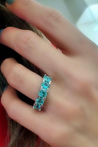 Sky Diamond Blue Aquamarin Taşlı 925 Ayar Gümüş Beş Taş Yüzük Altın - Gümüş